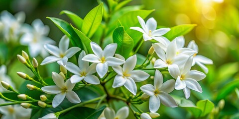 Captivating jasmine flowers in vivid detail, highlighting their delicate features and vibrant hues, celebrate the beauty of nature through exquisite botanical artistry techniques.