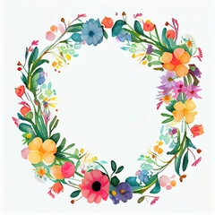 Fototapeta premium Colorful whimsical floral wreath with empty canvas center for creative decoration