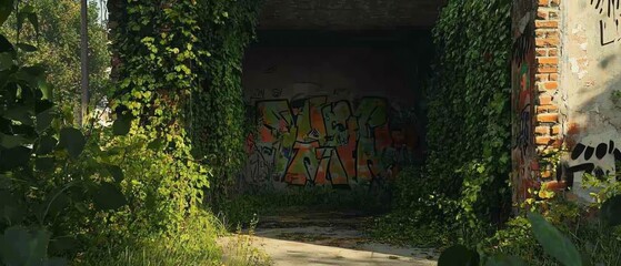 Overgrown doorway with graffiti