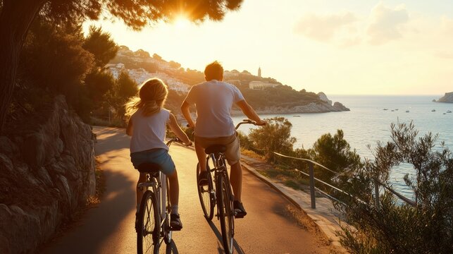 Biking along the coastal path at sunset, a father and daughter enjoy quality time together by the ocean
