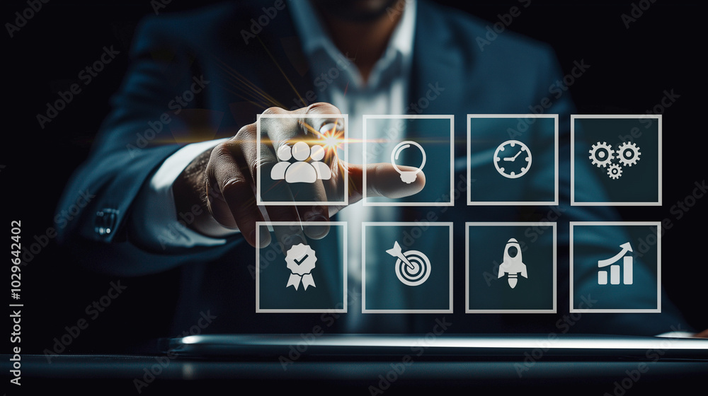 Poster corporate leader optimizing operational strategies; interacting with a digital interface displaying 