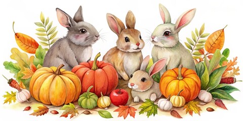 Charming watercolor autumn clipart featuring bunnies, vibrant vegetables, and colorful fruits, perfect for enhancing your seasonal designs and creating delightful fall-themed projects.