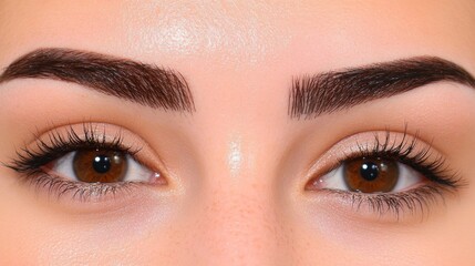 Obraz premium A close-up of perfectly shaped eyebrows, freshly tinted with a rich dark brown shade. The eyebrows are clean and crisp, and the subtle light reflects off the smooth hairs, giving them a polished look.