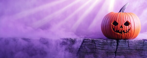 Spooky Halloween pumpkin with a carved face on a misty surface, illuminated by eerie purple light, creating a mysterious atmosphere.