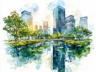 Obraz premium A vibrant cityscape reflecting in a serene pond surrounded by lush greenery.