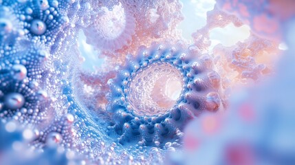 Spiral patterns and vibrant textures create a mesmerizing view inside an abstract, digital world during a serene light display