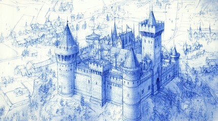 Obraz premium A detailed blue ink drawing of a medieval castle with towers and ramparts, set against a sketched background of a town.
