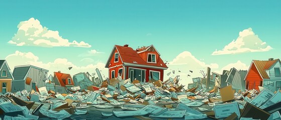 Naklejka premium A vibrant illustration of a house amidst chaos and debris, representing resilience in challenging times.