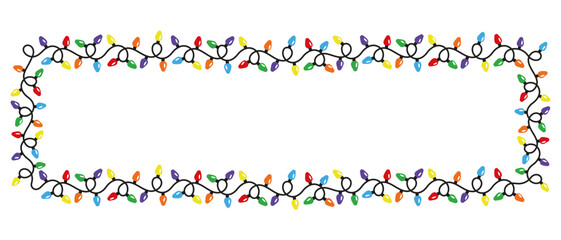 Simple decorative Christmas lights in flat style. Horizontal rectanglar shape frame. Vector design of lightbulb garland. Decorative element for xmas cards, invitations, banners, posters