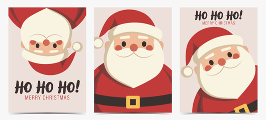 Ho, ho, ho Merry Christmas - cute set of Christmas greeting cards, postcards, invitations with Santa Claus on light pink background, vector illustration