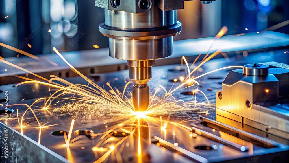 Poster detailed view of wire edm machine precision cutting mold inserts, illuminated by sparkling light eff
