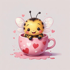 Cute cartoon bee in a heart-patterned pink cup with flying hearts around