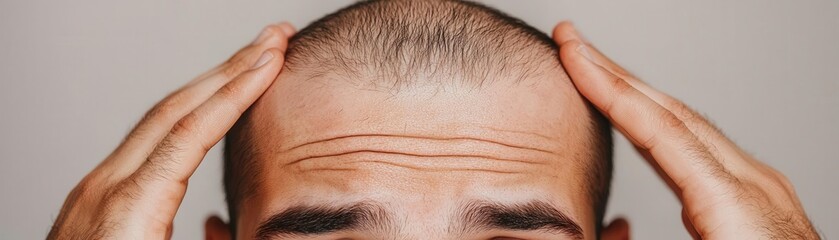 Naklejka premium Close-up of a man showcasing a bald head, with hands on his head, looking contemplative about hair loss.