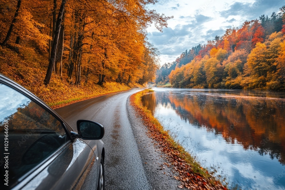 Canvas Prints a car parked on the side of a road next to a lake