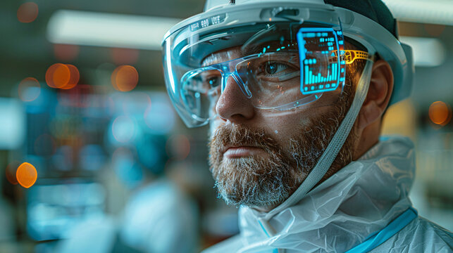 Innovative healthcare professional wearing advanced protective gear and smart glasses - Powered by Adobe