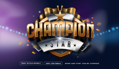 Golden Champion star with golden shield and flag text effect editable