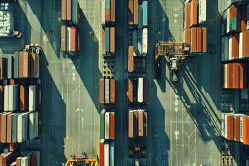 Obraz premium Aerial view of busy shipping yard filled with colorful containers, showcasing logistics