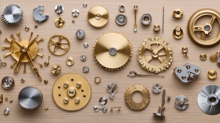 Obraz premium Assorted Clockwork Gears and Components on Wooden Surface