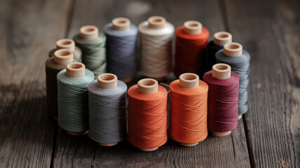 A bunch of colorful threads are arranged in a circle on a wooden surface. The variety of colors and textures creates a sense of creativity and possibility