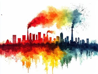Colorful city skyline silhouette with smoke emissions, vibrant hues against white background.