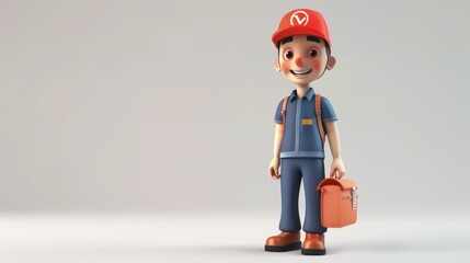 3D Cartoon Character in Work Uniform Holding a Toolbox
