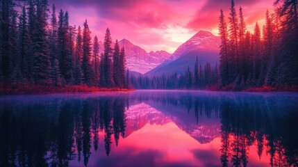 Obraz premium Neon Cosmic Holographic Design in Banff National Park - Futuristic Retro Background