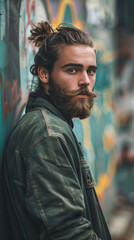 Obraz premium Rugged Young Man with Beard and Bun Posing Against Graffiti Wall ? Urban Lifestyle Portrait