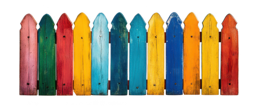 colorful painted fence with vibrant hues creates cheerful atmosphere, perfect for childrens playhouse or garden setting. bright colors evoke joy and creativity