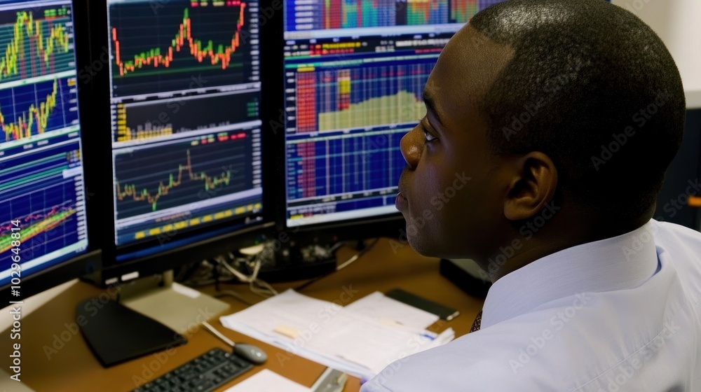 Poster Man Analyzing Financial Charts on Multiple Computer Monitors