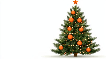 Festive Christmas tree adorned with orange ornaments and lights, isolated on white background.