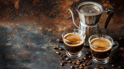 Freshly brewed espresso in glass cups alongside a traditional moka pot, set against a rustic background with scattered coffee beans, exuding warmth and aroma.