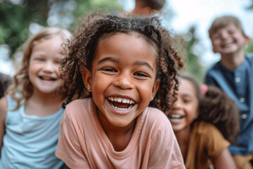 Happy children laughing together in joyful moment of friendship
