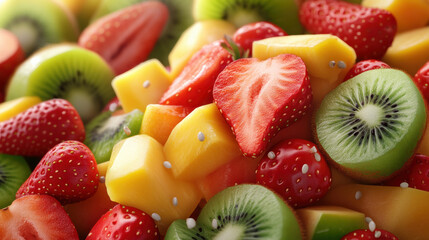 Obraz premium Fresh fruit salad featuring vibrant strawberries, kiwi, and papaya, creating colorful and healthy dish that is perfect for any occasion. Enjoy refreshing flavors!