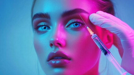 Neon-lit beauty treatment: close-up of a face bathed in vibrant blue and pink light as a gloved hand administers an injection near the eye area.
