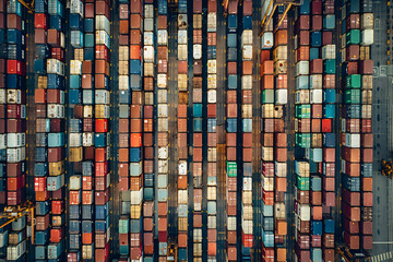 Aerial view of colorful shipping containers stacked neatly in rows, showcasing vibrant patterns