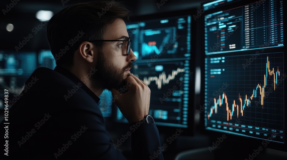 Poster Man in Suit Analyzing Financial Data on a Computer Screen