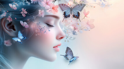 serene woman with delicate features is surrounded by soft pink flowers and vibrant butterflies, creating dreamy and enchanting atmosphere
