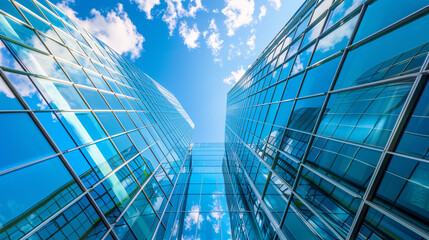 Modern glass buildings reflect sky and clouds beautifully