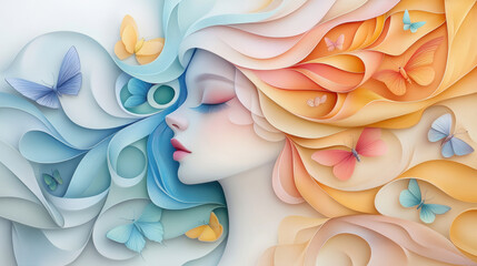 Ethereal woman with flowing hair in pastel colors, surrounded by butterflies, embodies tranquility and beauty. soft curves and vibrant hues create serene atmosphere