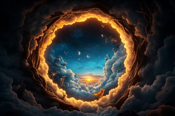 Branches entwined with mythical creatures, framed against an enchanted sky