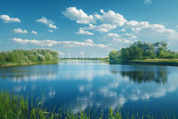 Fototapeta premium serene lake reflects blue sky and fluffy clouds, surrounded by lush greenery