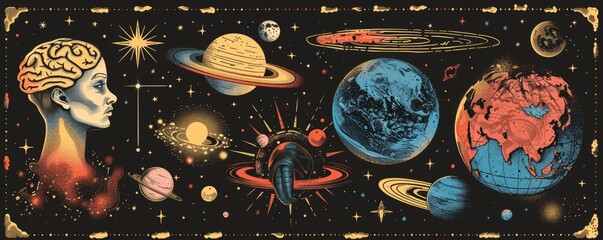 Holographic Pastel Sticker Set with Vintage Vector Illustrations