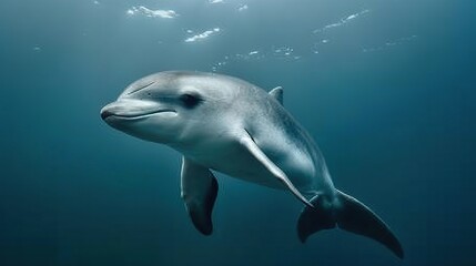 A dolphin swims gracefully through the clear blue water, its sleek body illuminated by the sunlight above.