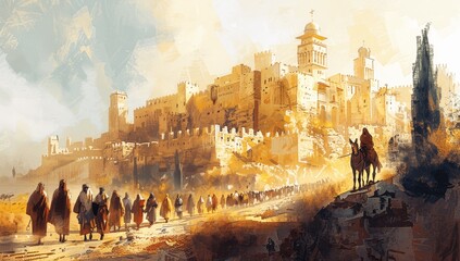Fototapeta premium Jesus Entering Jerusalem on Palm Sunday - Watercolor Biblical Illustration
