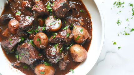 Fototapeta premium Delicious beef stew with tender meat and baby potatoes, garnished with fresh parsley, creating hearty and comforting dish perfect for any occasion