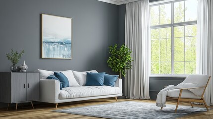 A stylish living room with a sofa, armchair, and artwork, featuring blue and white tones.
