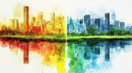 Obraz premium Vibrant city skyline reflection with artistic colors on water surface, creating a stunning visual contrast.