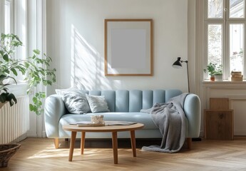 A tranquil living room with a light blue sofa, wooden coffee table, and potted plants, bathed in natural light.