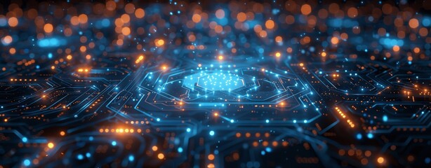 Abstract Digital Background with Glowing Lights and Circuit Board Elements on Dark Blue