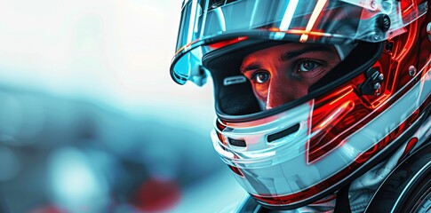 Fototapeta premium Focused Race Car Driver in Helmet with Blurred Background